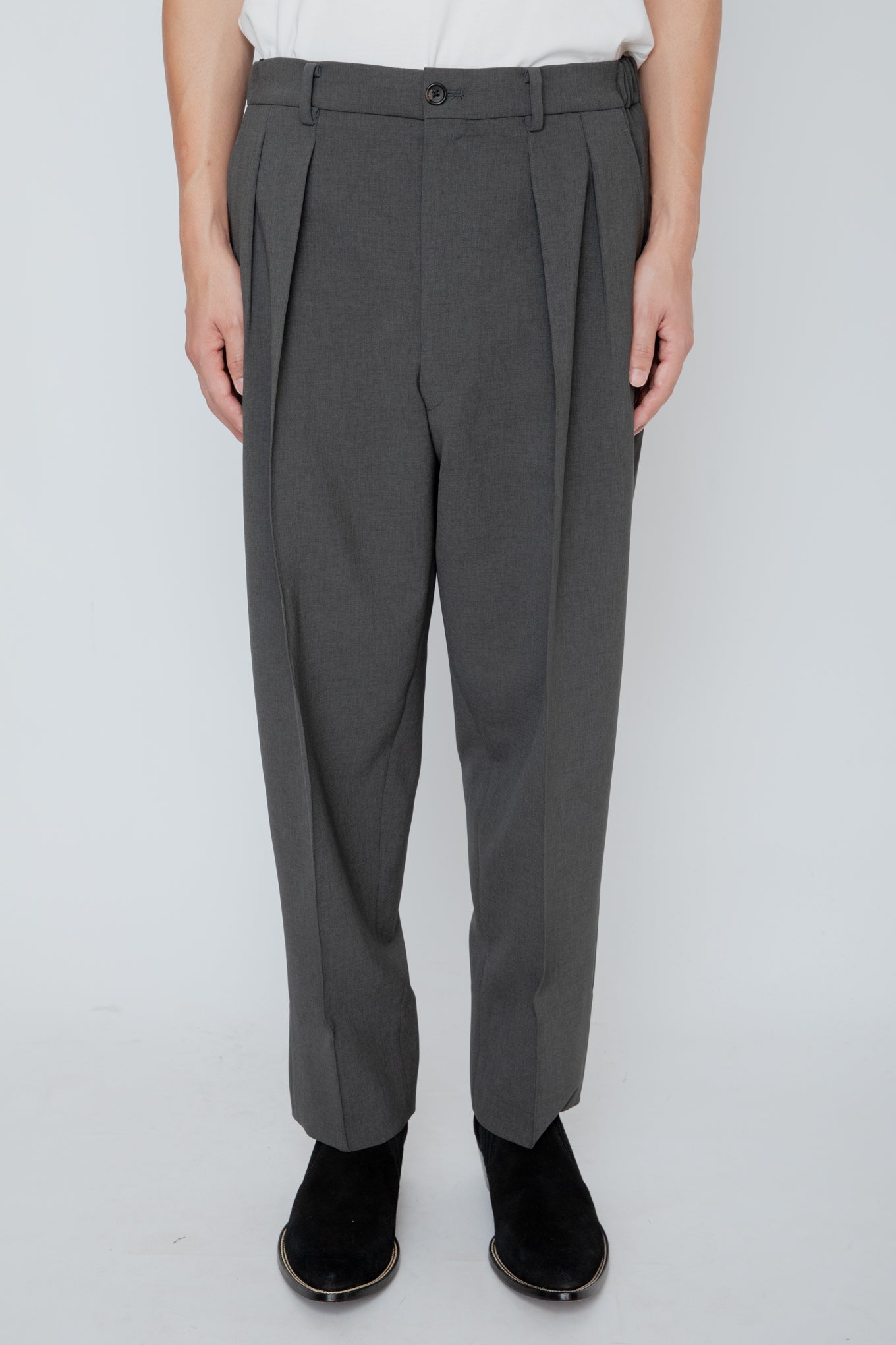 DOUBLE CLOTH SHIRRING TROUSERS / SLATE GRAY