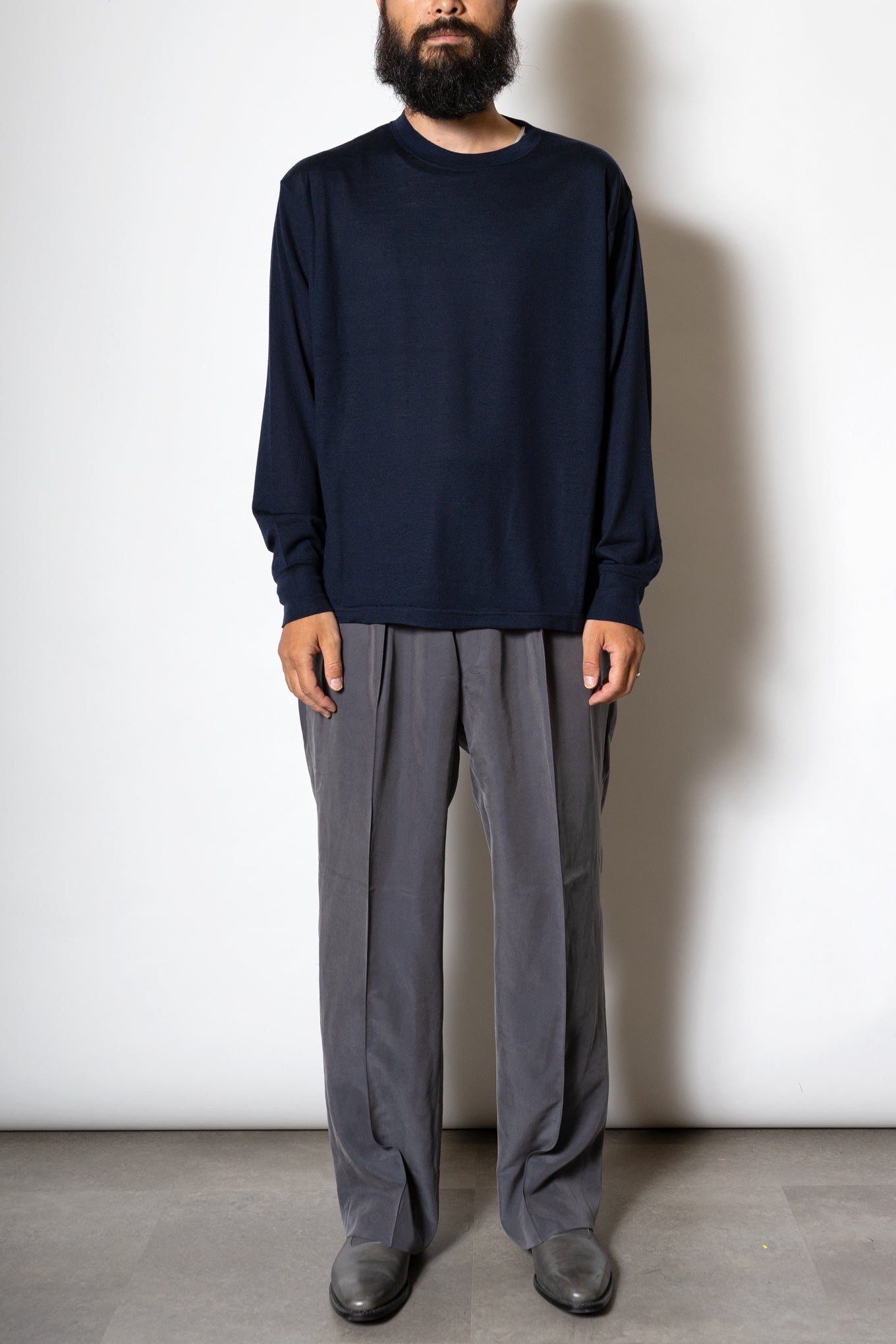 WASHABLE-WOOL CREW NECK SHIRT/NAVY - RAINMAKER KYOTO