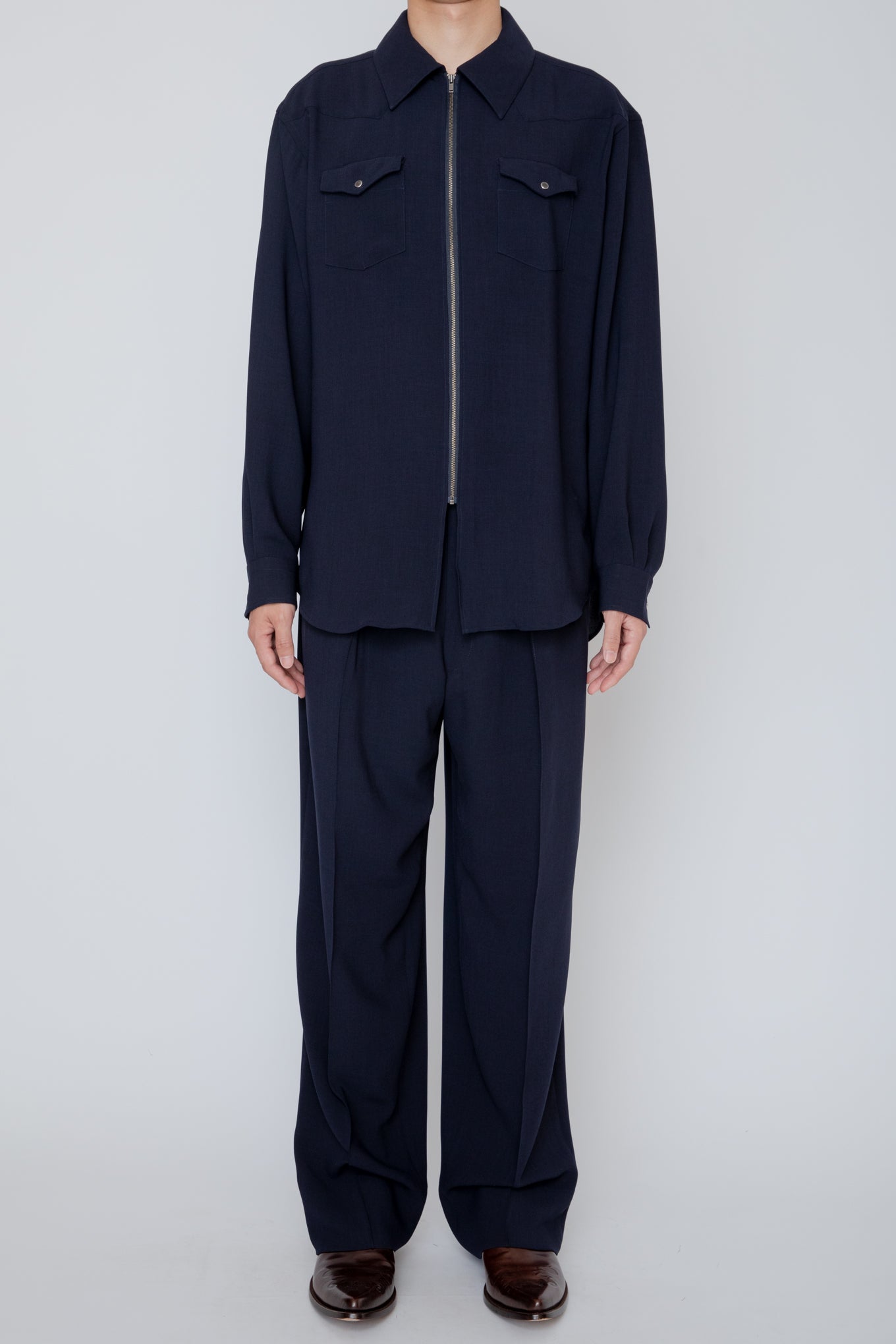 MELANGE TWILL WIDE TROUSERS / NAVY
