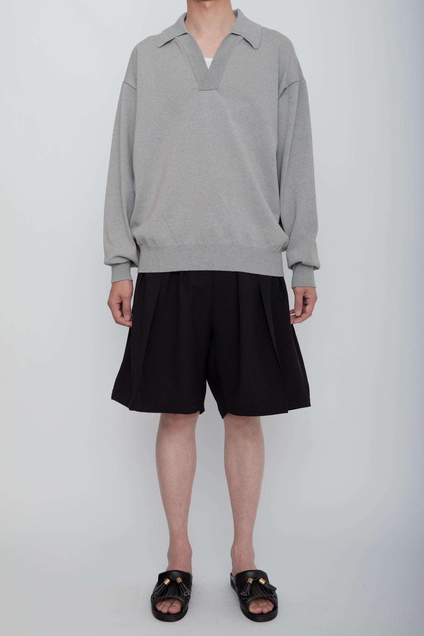 HEAVY KNIT POLO SWEATER / TOP GRAY