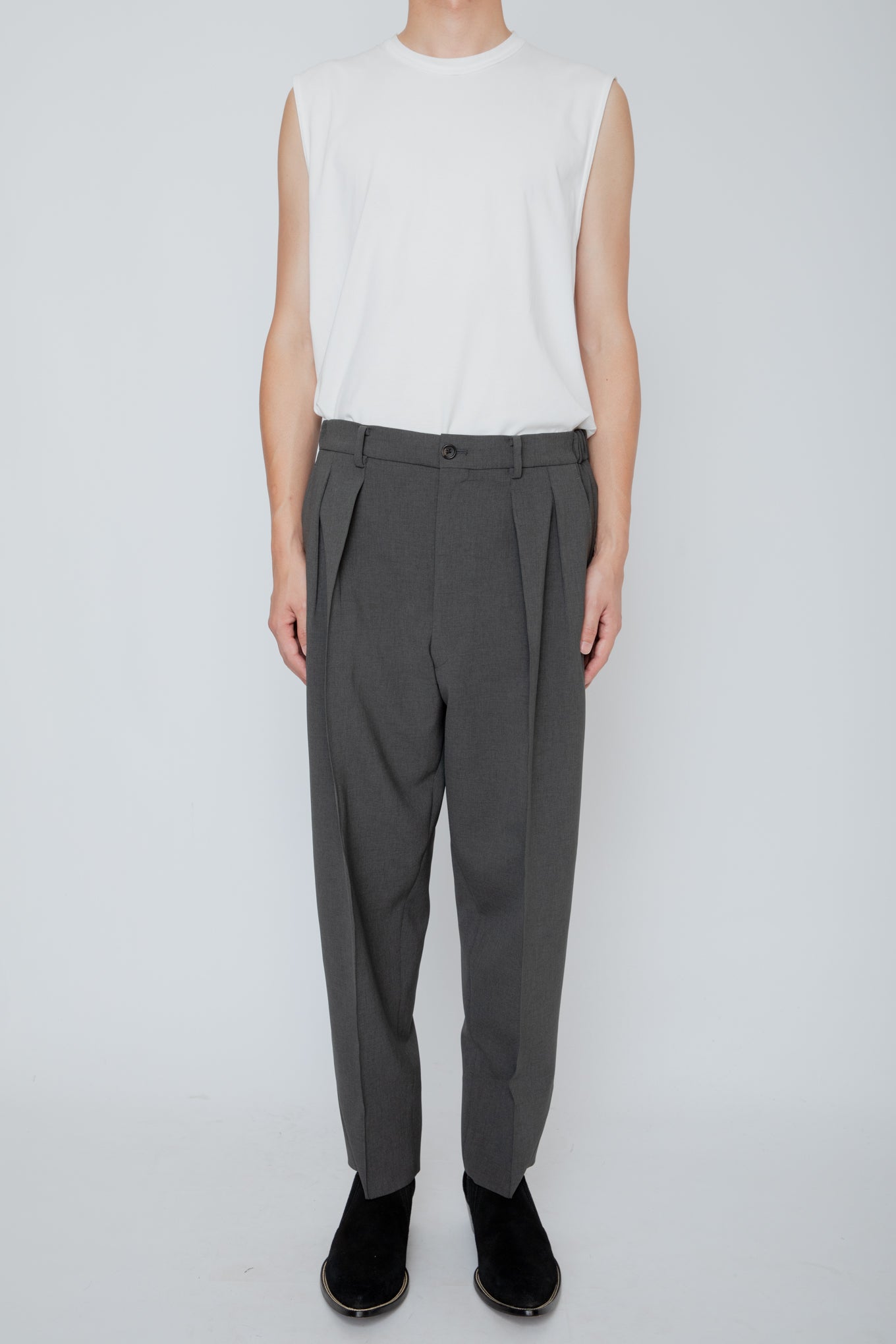 DOUBLE CLOTH SHIRRING TROUSERS / SLATE GRAY