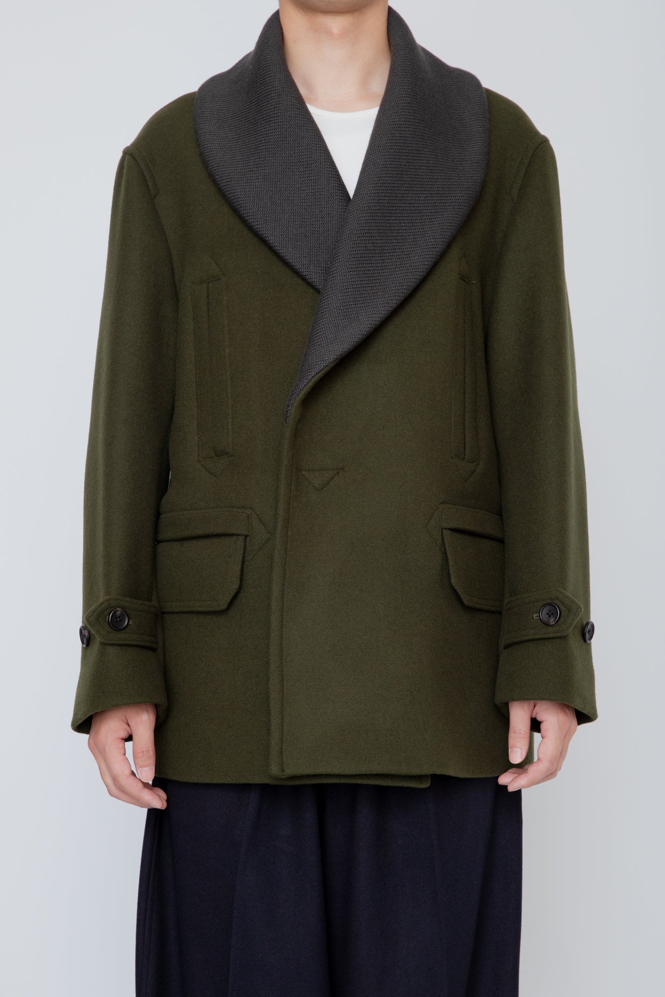 SHAWL COLLAR PEA COAT / KHAKI