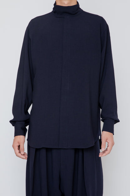MELANGE TWILL HIGH NECK COLLAR SHIRT / NAVY