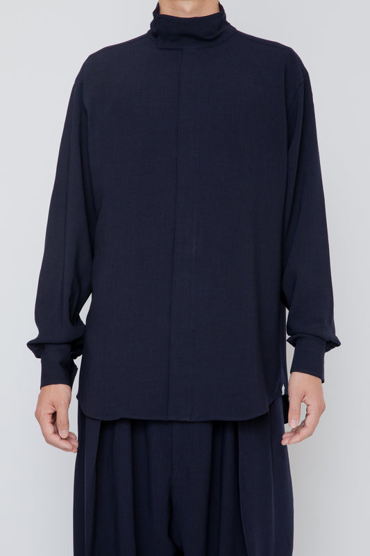 MELANGE TWILL HIGH NECK COLLAR SHIRT / NAVY