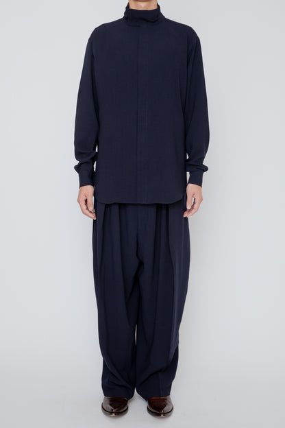 MELANGE TWILL HIGH NECK COLLAR SHIRT / NAVY