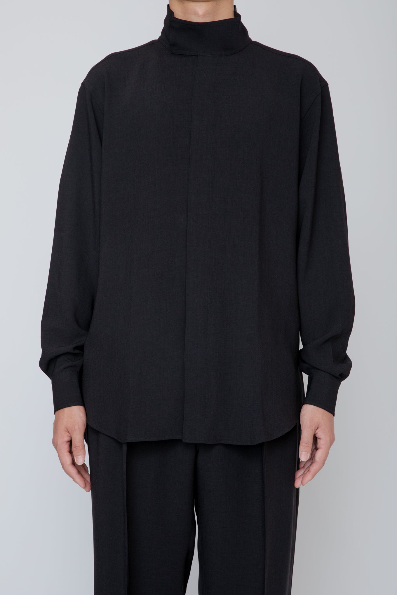 MELANGE TWILL HIGH NECK COLLAR SHIRT / BLACK