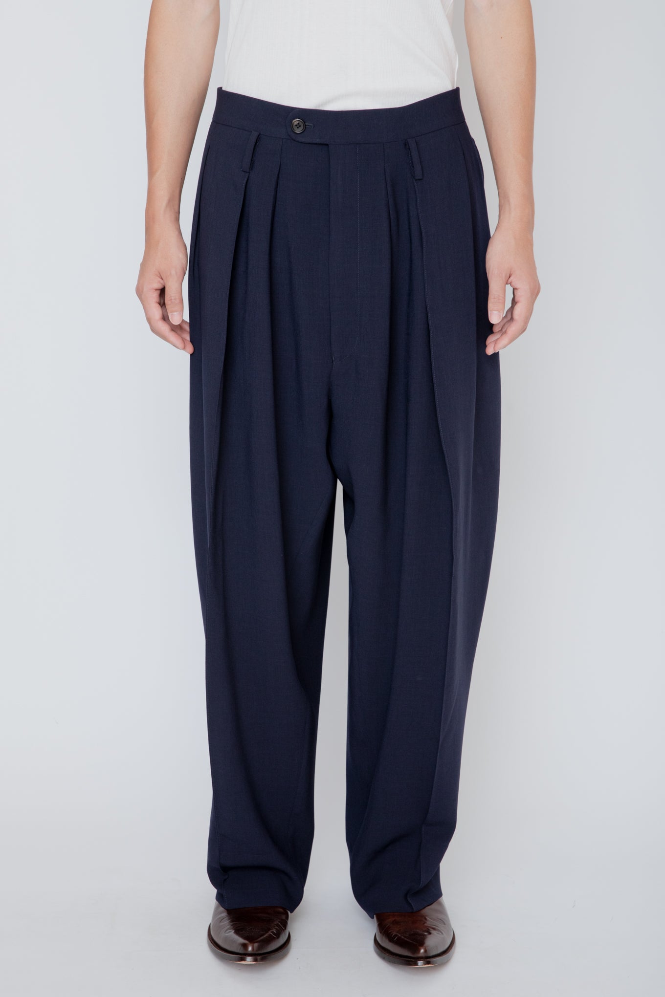 MELANGE TWILL 3-PLEATED TROUSERS / NAVY