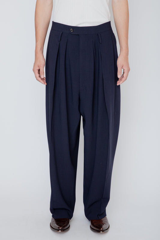 MELANGE TWILL 3-PLEATED TROUSERS / NAVY