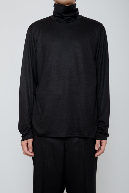 WASHABLE-WOOL HIGH NECK SHIRT / BLACK