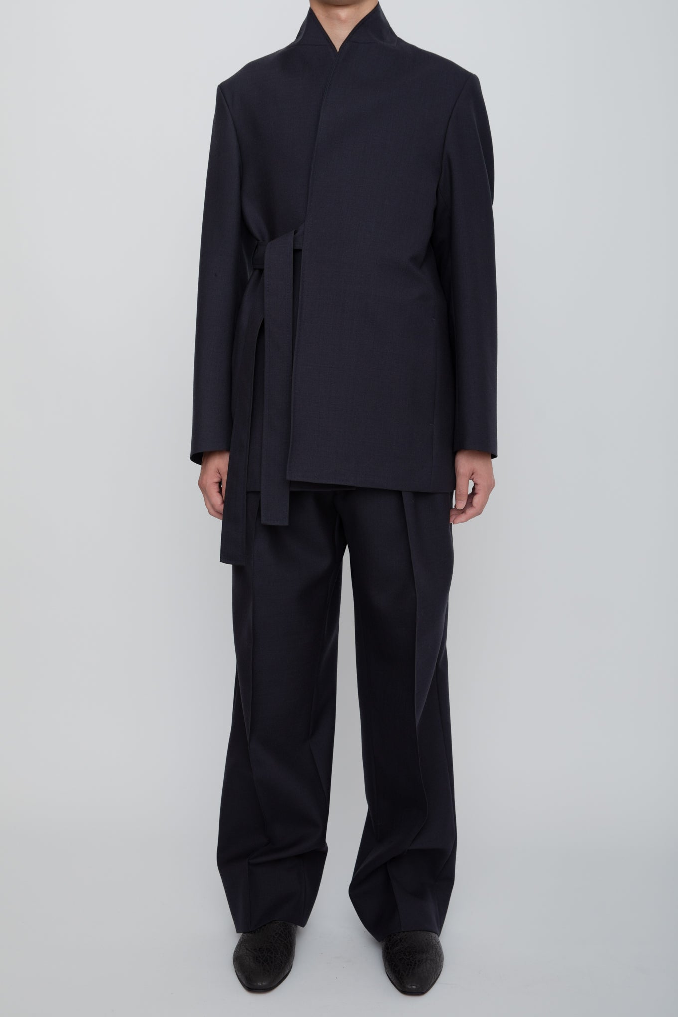 SHAWL COLLAR BELTED JACKET / NAVY – RAINMAKER KYOTO