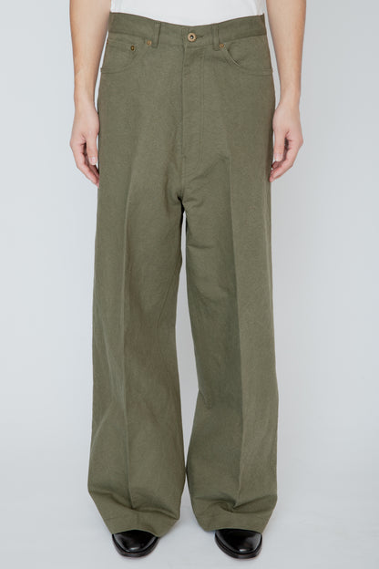 WIDE SEMI-FLARED 5-POCKET PANTS / OLIVE