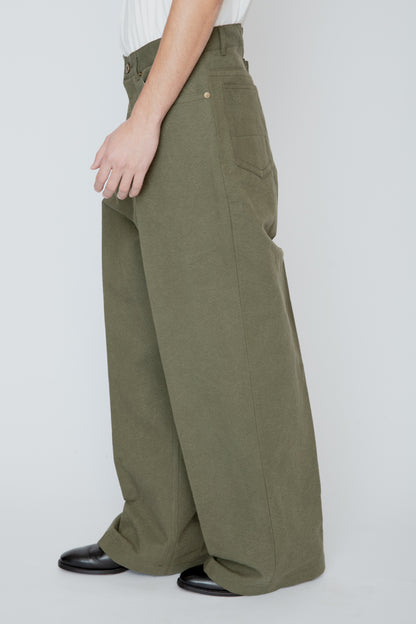 WIDE SEMI-FLARED 5-POCKET PANTS / OLIVE