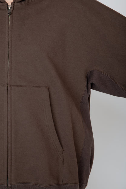 ONE-SIDE KIMONO SLEEVE ZIP-UP HOODIE_LOOSE FIT / BROWN