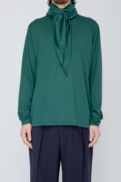 WASHABLE-WOOL HIGH NECK SHIRT / GREEN